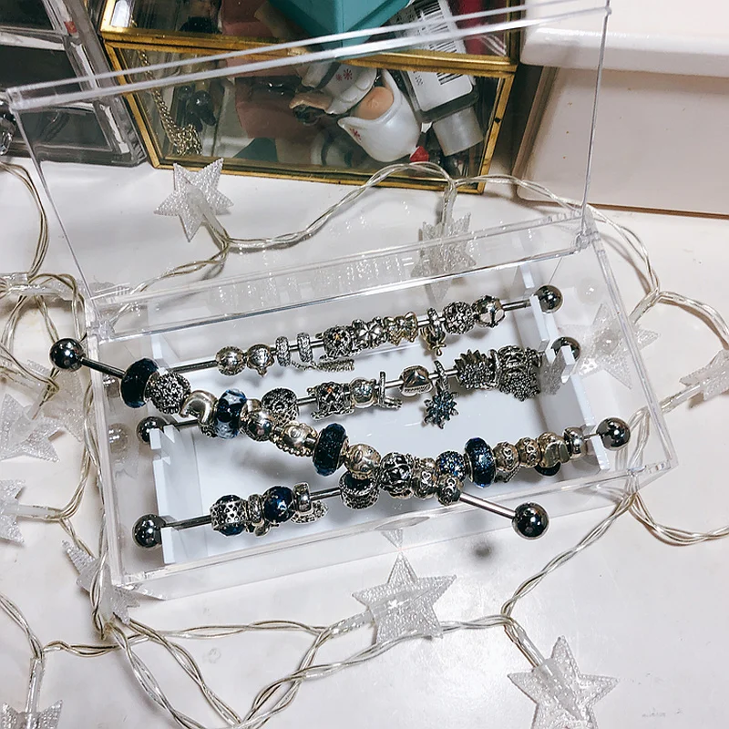 Stainless Steel Charms Organizer Bars Holder Pandora Beads Storage Box 4 Metal Rods Bracelet Accessories Trollbeads Display Case
