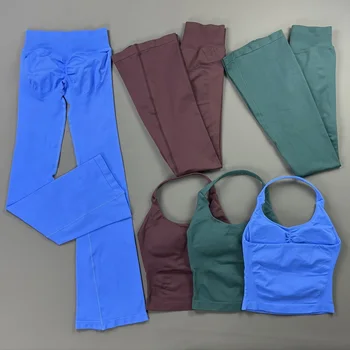 Halter Neck Sports Set Women Seamless Ribbed Flare Leggings and Push Up Sports Top Sets Gym Halter Neck Bell Bottom Yoga Set