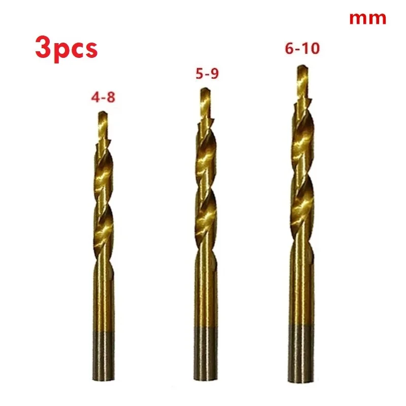 

3pcs Titanium-plated Drill Bits 8-4/9-5/10-6mm Types HSS 4241 For Step Punching Sliding Doors Iron Countersunk Screws Power Tool