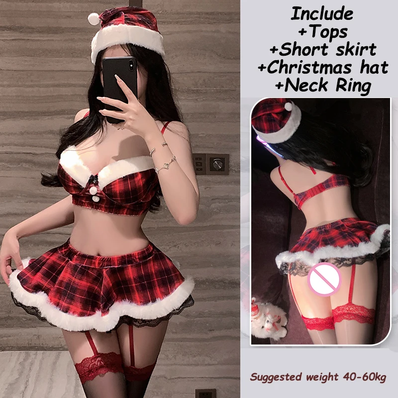 New Year Women Christmas Suit Costumes Lady Sexy Plaid Velvet Female Santa Claus Cosplay Xmas Party Fancy Maid Dress Cosplay