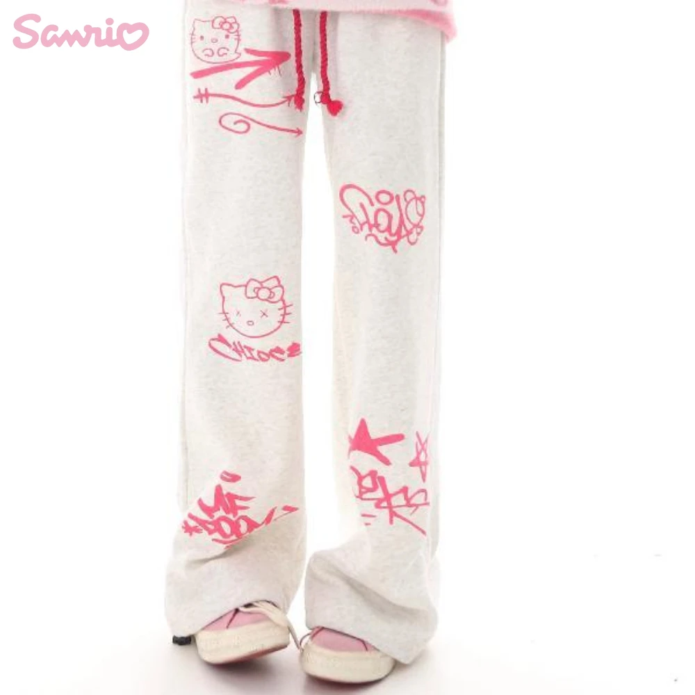 

Anime Sanrio Kawaii Hello Kitty Pants Cartoon Graffiti Style Casual Straight Pants Fall Winter Girl Student Loose Pants Gift