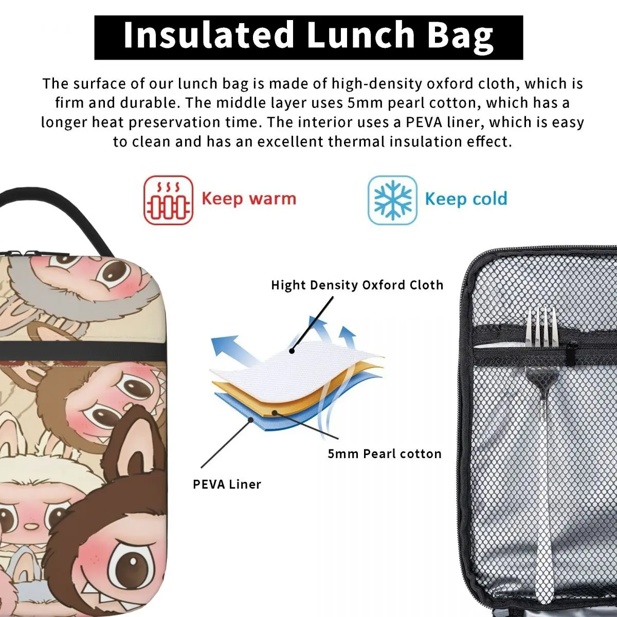 Labubu Accessories Insulated Lunch Bags For Outdoor Food Container Portable Cooler Thermal Lunch Boxes