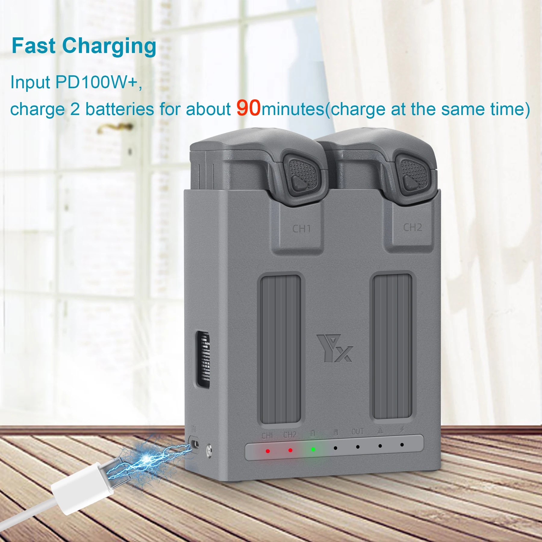 Chargeur intelligent de batterie pour DJI Mavic 4 Pro, connecté à une batterie, montrant le processus de charge bidirectionnelle.