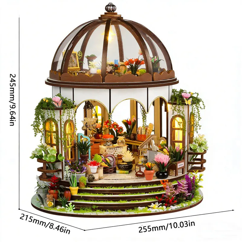 DIY Miniature Greenhouse Wooden Dollhouse Kit LED 조명 3D 퍼즐 수공예 세트 어린이 성인 가구 장식 선물