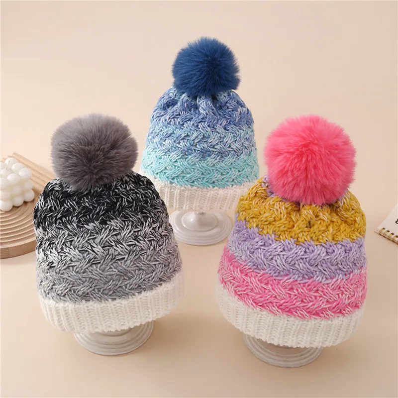 

Thicken Plush Knitted Hat Autumn And Winter Children's Warm Hats Plush Contrast Color Woolen Ear Protection Hat For Outdoor
