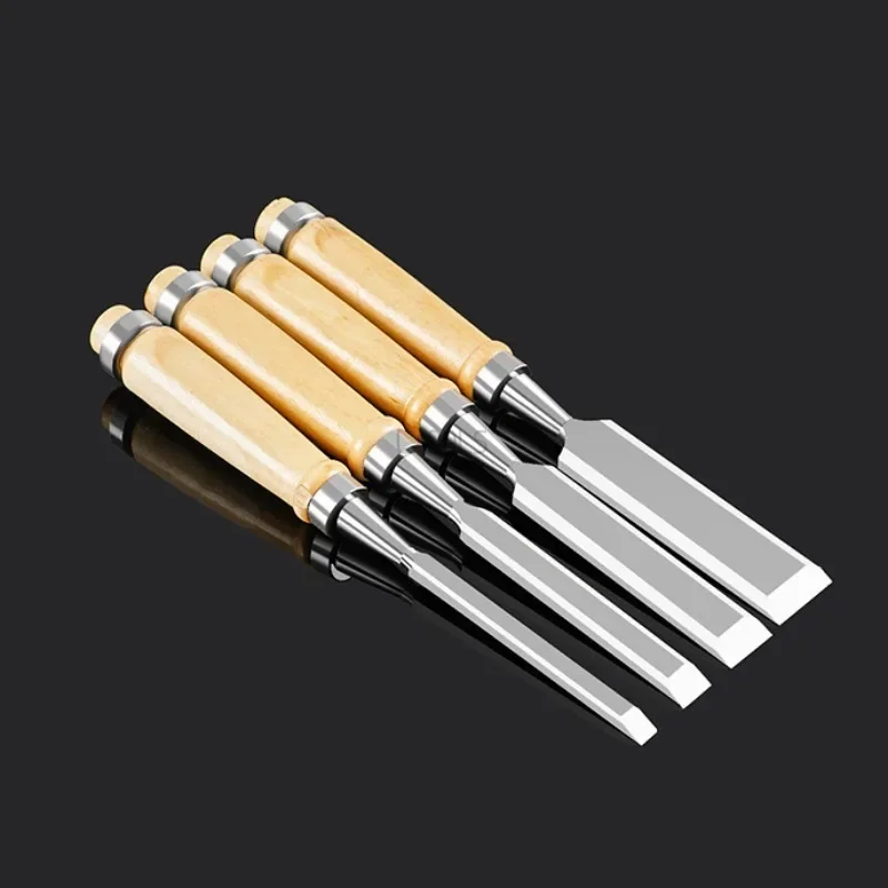 4pc/set Woodworking Carving Chisel 6mm/12mm/18mm/25mm Wooden Handle Flat Chisel for Wood DIY Slotting Trimming Hand Tools