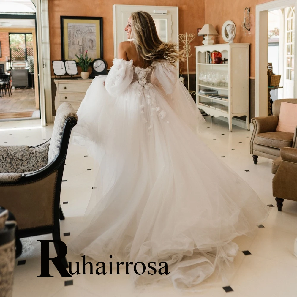 Scoop Tulle Bling Puffy Sleeves Wedding Dresses Zipper For Women Appliques Robe De Mari&eacute;e Formal Brides Gown