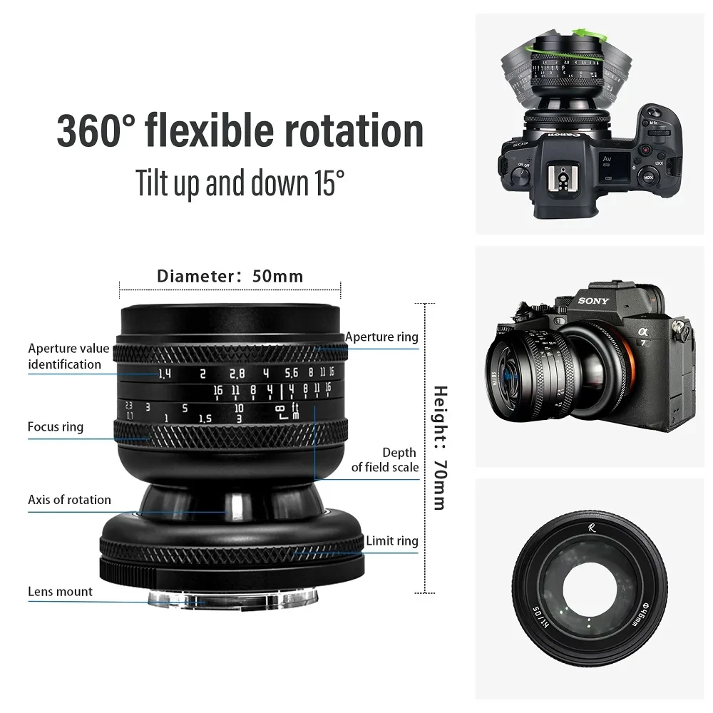 Фото Объектив AstrHori 50 мм F1.4 с большой апертурой и наклоном для Sony E Nikon Z Fuji X Canon RF Olympus Lumix M43 L Mount №2