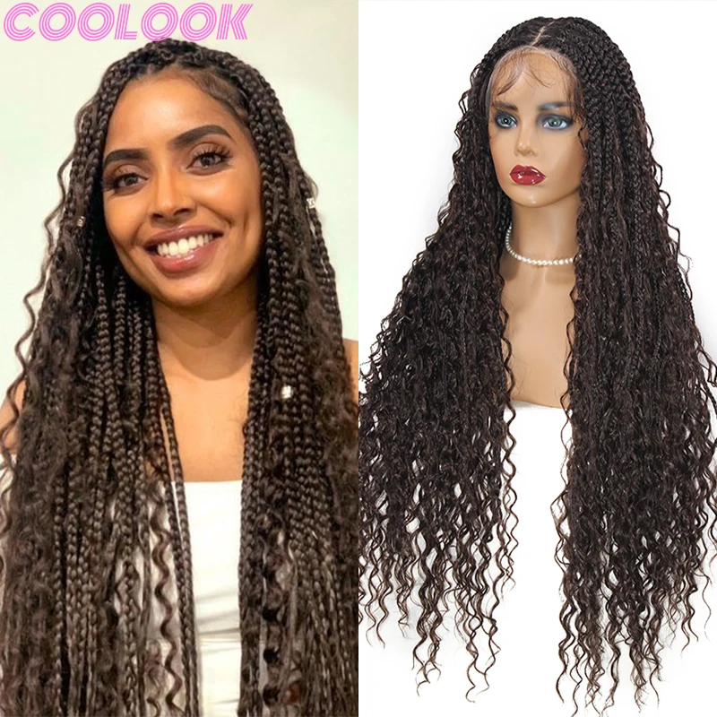 Synthetic Box Braided Full Lace Wigs 32'' Bohemian Goddess Square Part Braid Lace Front Wig Dark Brown Braids Wig with Curly End