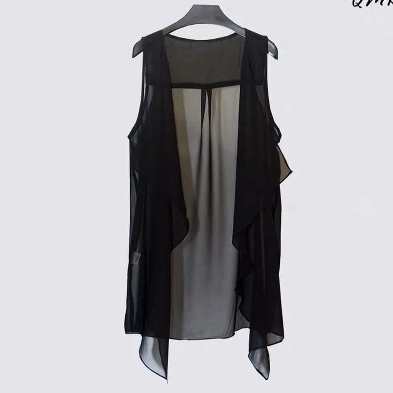 Women's Coat Plus Size Chiffon Vest Summer Korean Version Sleeveless Cardigan Loose Vest Thin Black Cover-ups Jacket needle buckle men pu leather belt korean version business casual waist cover youth minimalist designer versatile daily work belt