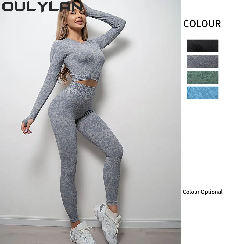 

Спортивные бесшовные костюмы для йоги Oulylan с завязкой на талии и бедра, фитнесс, высокие брюки, костюм с длинным рукавом, набор леггинсов