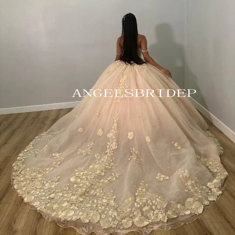 Angelsbridep Luxury Champagne Lace Up Ball Gown Quinceanera Dresses Off Shoulder vestidos De 15 Quincea&ntilde;era