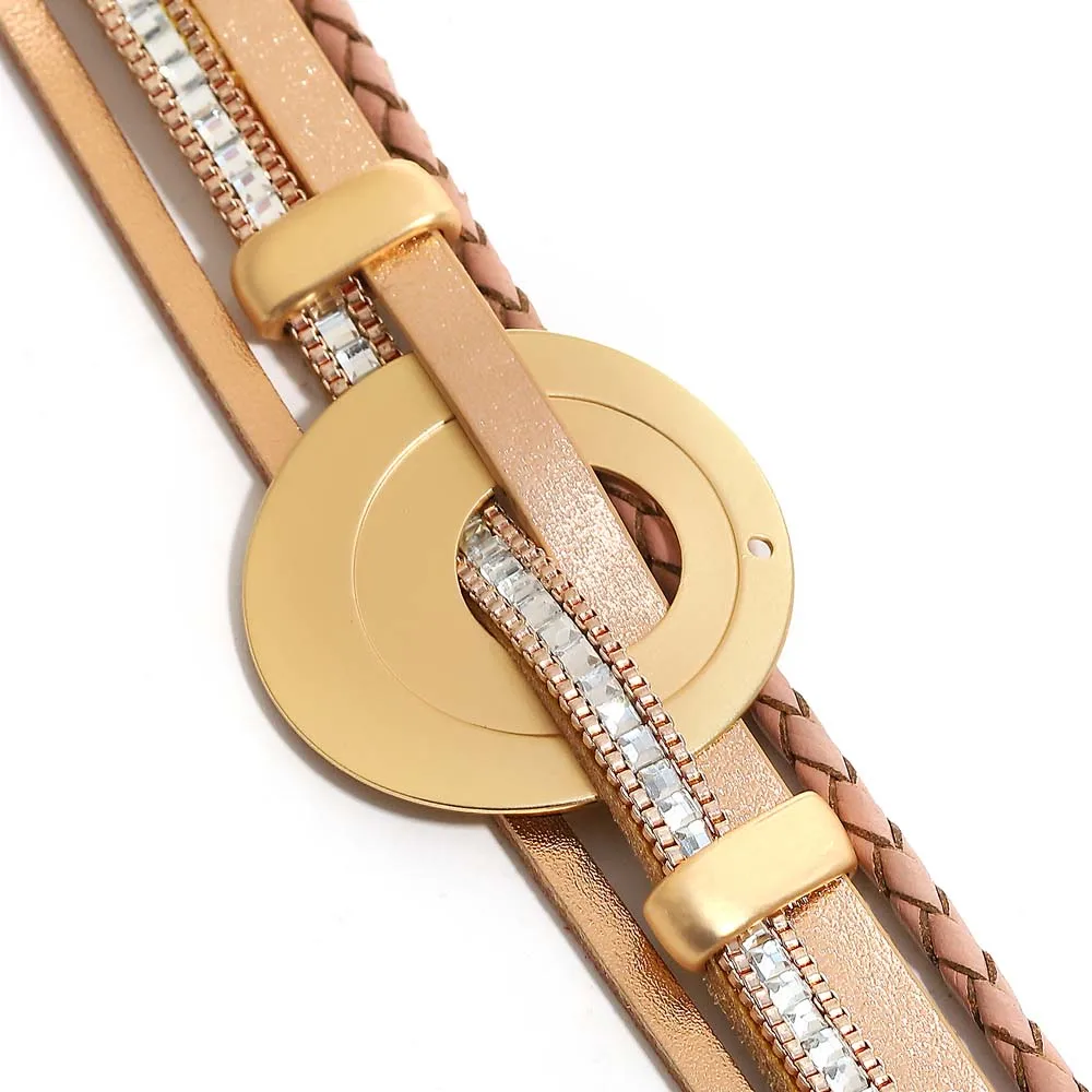 Charm Bracelets Leather Braided Rhinestone Multilayer Wrap Bracelet Ladies Jewelry Amorcome Fashion Style Round Metal For Women