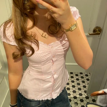 Y2k Ruched Button Up Crop Top 2000s Cute Aesthetic Frill Trim T-shirt 90s Vintage Cap Sleeve Milkmaid Tees Women Girl Streetwear 1