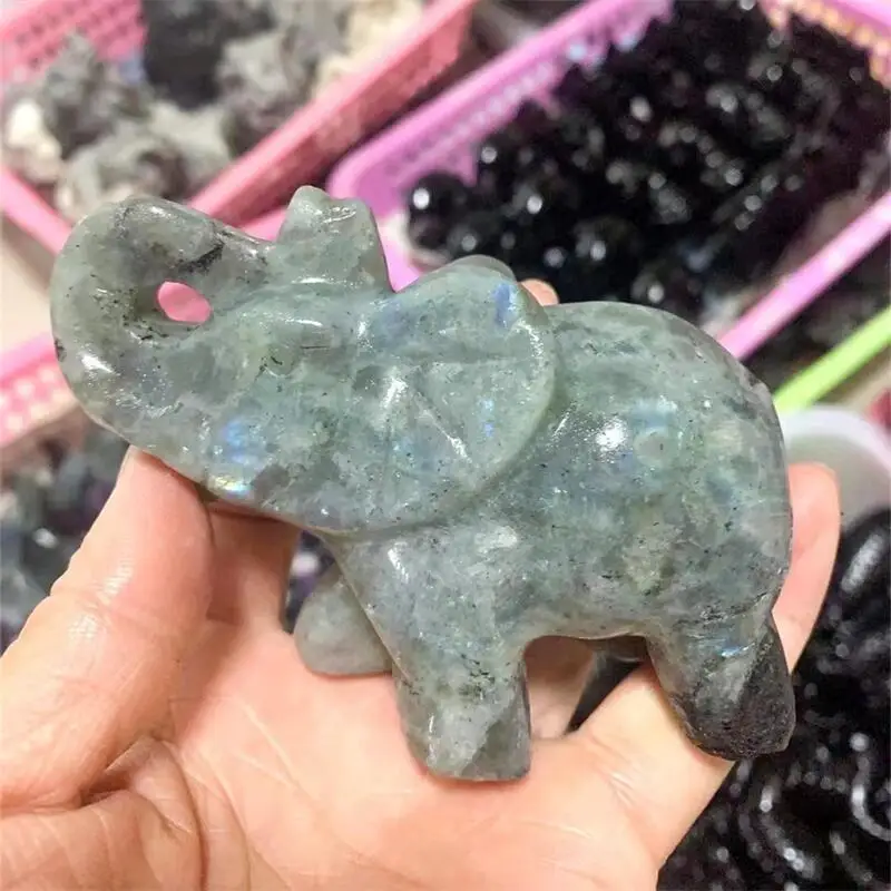 

10CM Natural Labradorite Elephant Quartz Crystal Figurine Carving Crafts Healing Crystal Stone Home Decoration 1PCS