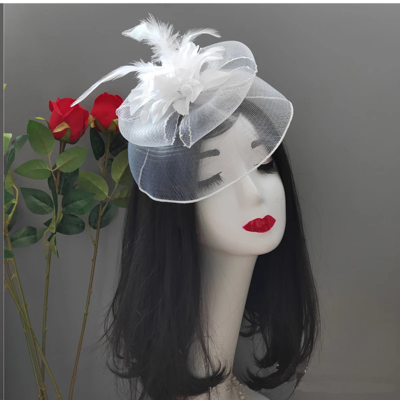 

Women's Hat Flower Feather Hairpin Wedding Party Bride's Mesh Veil Headdress
