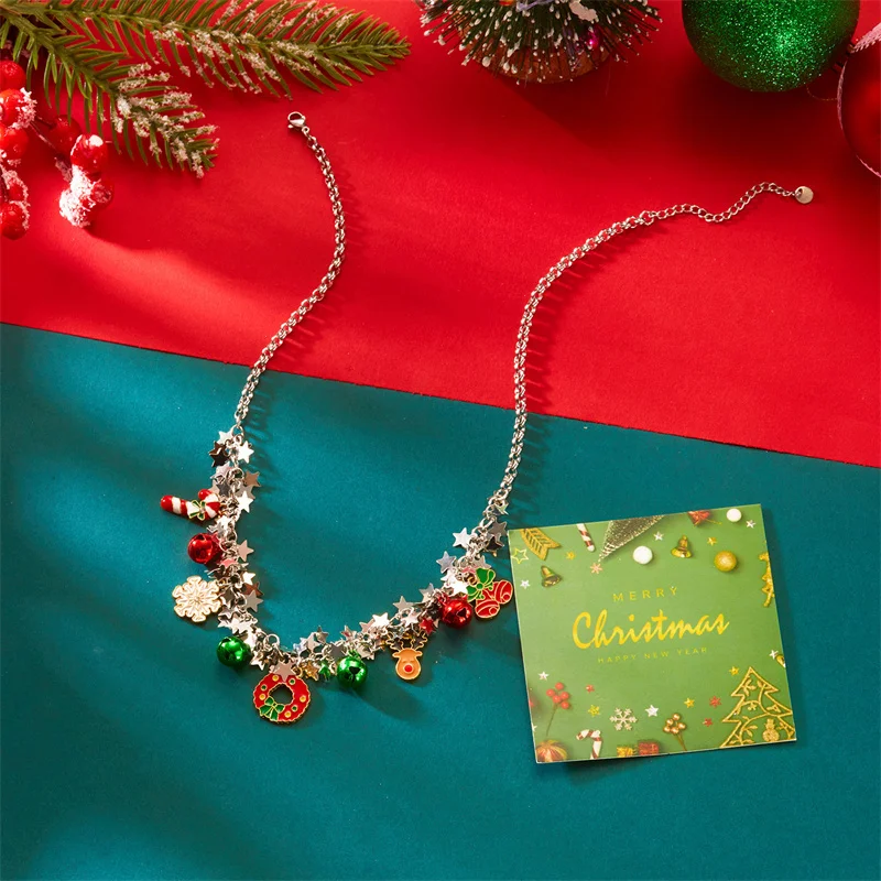 Süße süße Weihnachtshalsketten für Frauen, bunte Glocken, Schneemann, Baum, Hirsch, Weihnachtsmann, Anhänger, Schlüsselbein, Halsband, Party, Neujahrsgeschenke – Detail 4