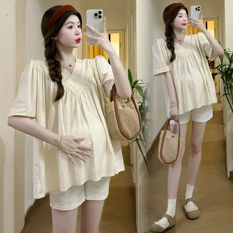 퍼프 소매 플레어 상의 반바지, 퍼프 소매, 루즈핏 슬림 셔츠, 출산 세트, 여름 신상 스타일