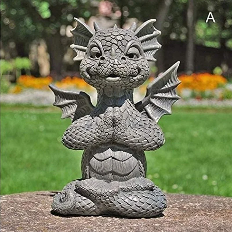 Garden Statue Dragon Meditation Statue Led Lighting Resin Ornament Dinosaur Shape Sculpture Outdoor Yard Decoration Home Decor
