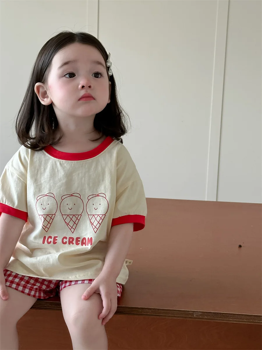 

2024 Summer New Baby Short Sleeve Clothes Set Toddler Girl Print T Shirts + Plaid Shorts 2pcs Suit Infant Thin Casual Outfits