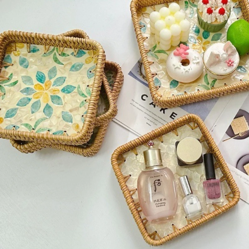 Colorful Shell Rattan Woven Tray Creative Handmade Fruit Plate Jewelry Storage Tray Home Counter Decoration 5