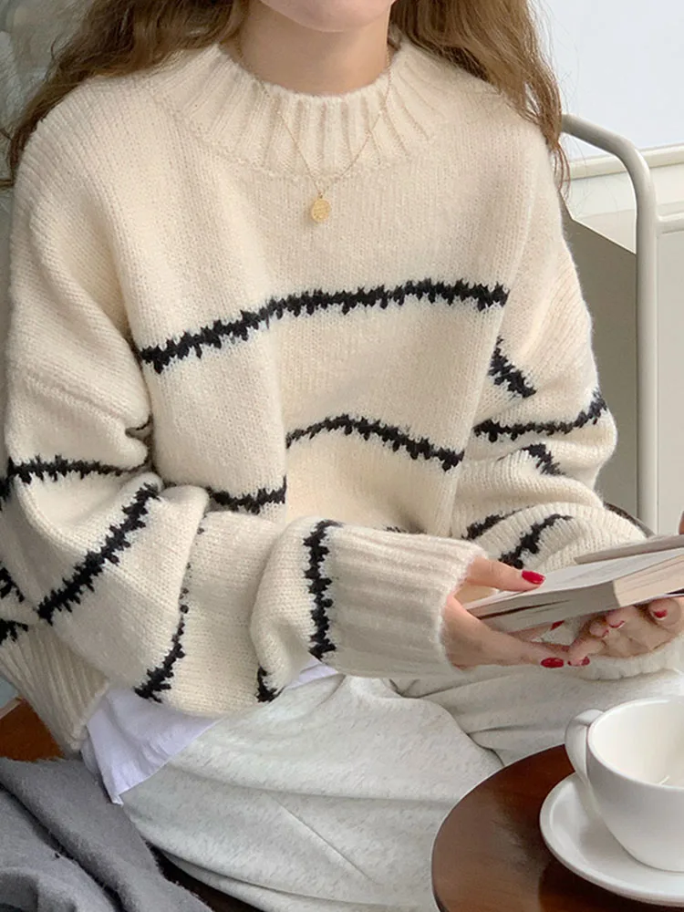 

Lazy Wind Women Korean Sweater Fashion Striped Knitted Jumper Casual Long Sleeve Loose O Neck Female Streetwear Pullover