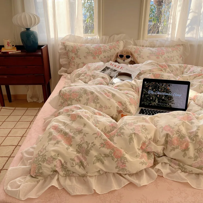 Cute Flower Korean Duvet Cover Bedding Set Pink Cotton Kawaii