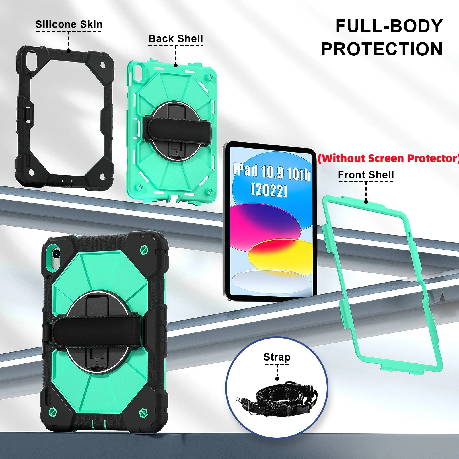 360 Rotatable Universal Protective Case for Tablets with Hand and Shoulder Strap - 3-Layer Hybrid Cover, 11-Inch