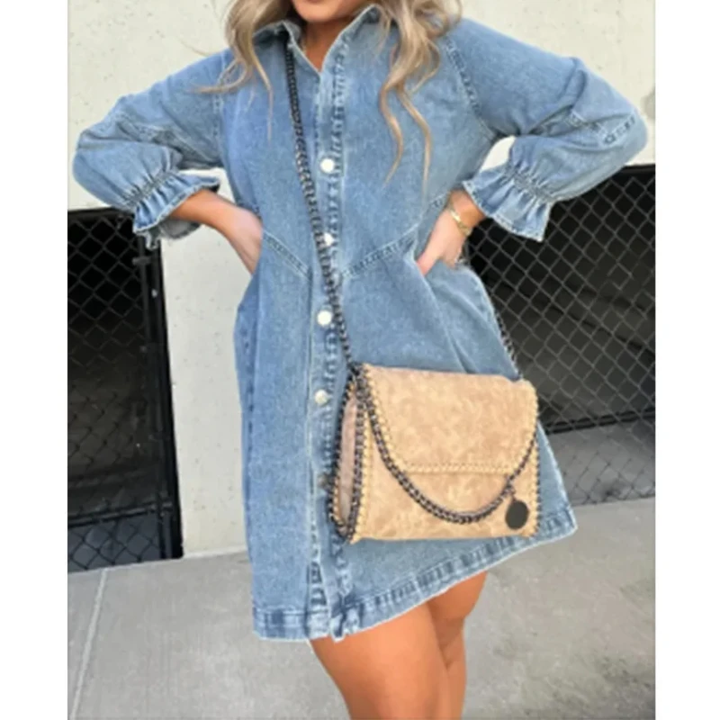 Shirt Dress Denim 2024 New Jeans Dresses Women Loose Casual Turn Down Collar Lantern Sleeve