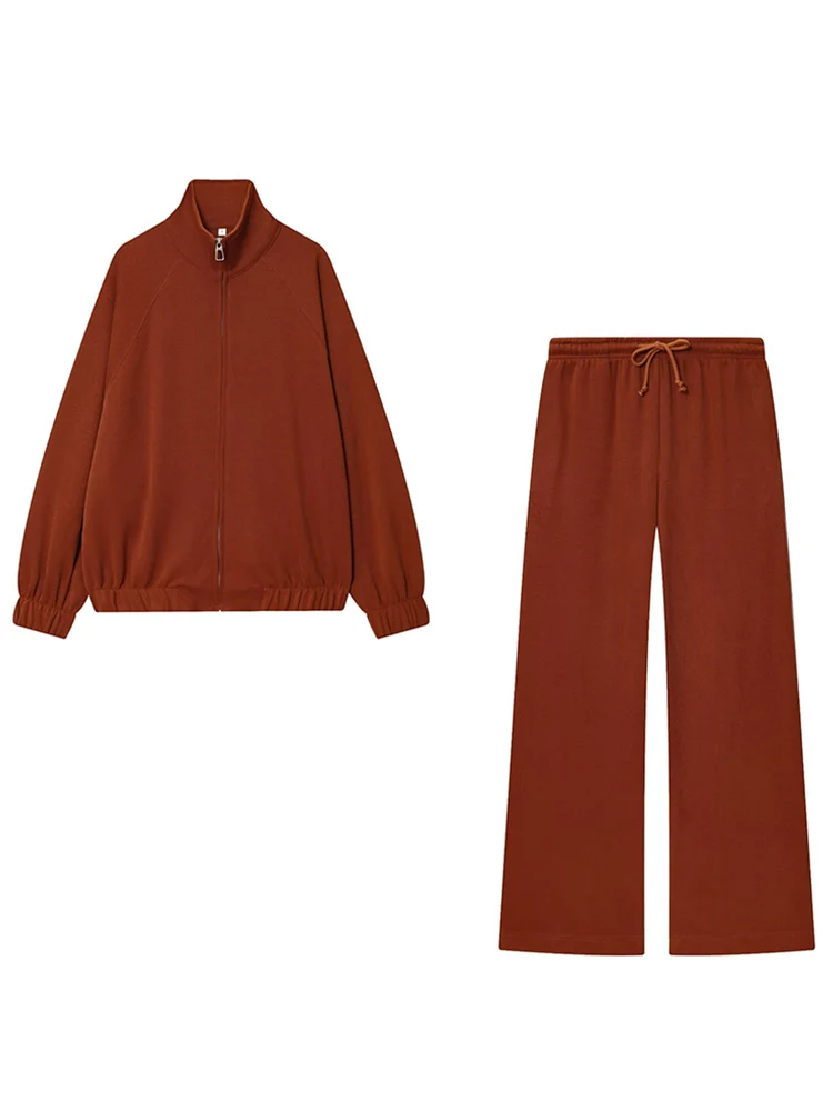 TFMLN Women Wide Leg Pants Set High Street   Stand Collar Zipper Jacket Straight Pant 2025 Autumn Winter Casual Female Set