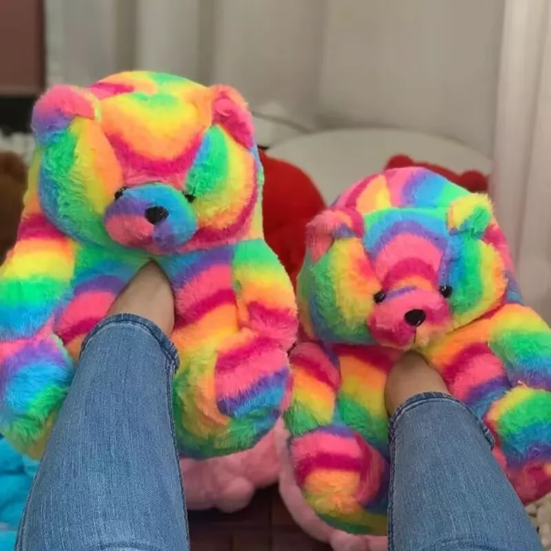 

Top quality rainbow bear teddy slippers home fluffy floor cotton shoes for women 2023 stylish slip on shoes bear gift slippers