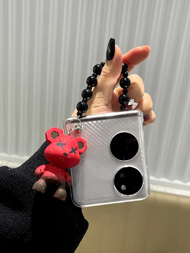 

Карманный чехол для Huawei P50, креативный градиентный чехол с красным медведем с черным шариком и шнурком для P50, Карманный чехол для Huawei, аксессуары для телефона