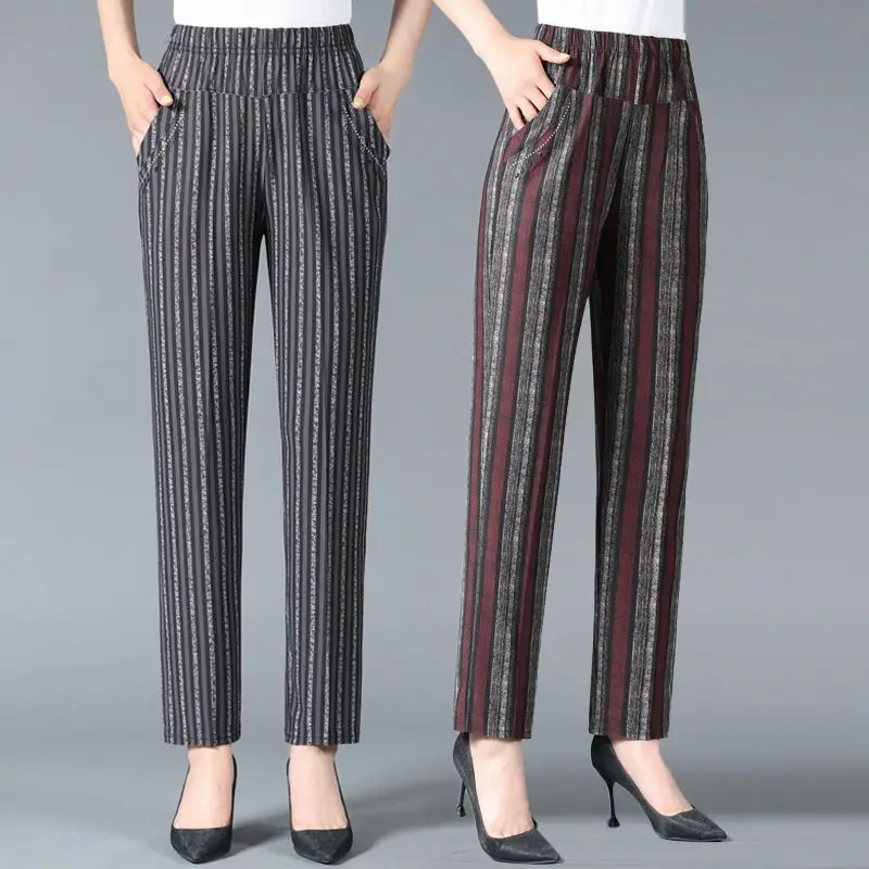 

Big Size 5xl Leggings Spodnie Women Elegant Office High Waist Pencil Pants Mom Slim Striped Pantalones Formal Spodnie New X13