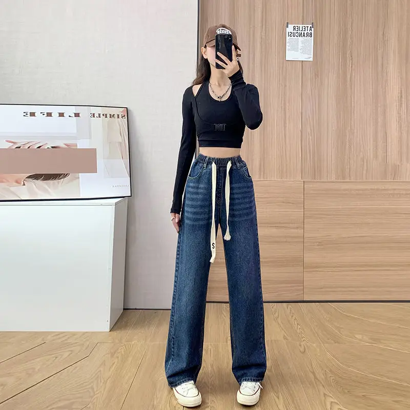 New Wearable Denim Trousers Women Jeans Thin Wide-Leg Straight Pants Loose Large Size High Waist Fashion Jeans