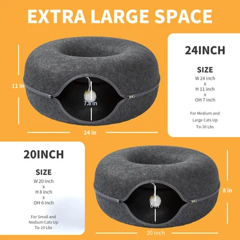 24 Inch Large Donut Cat Bed - Spacious Peekaboo Cat Cave for Multiple Cats Up to 30 Lbs, Detachable and Washable Wool Felt Tunne 5