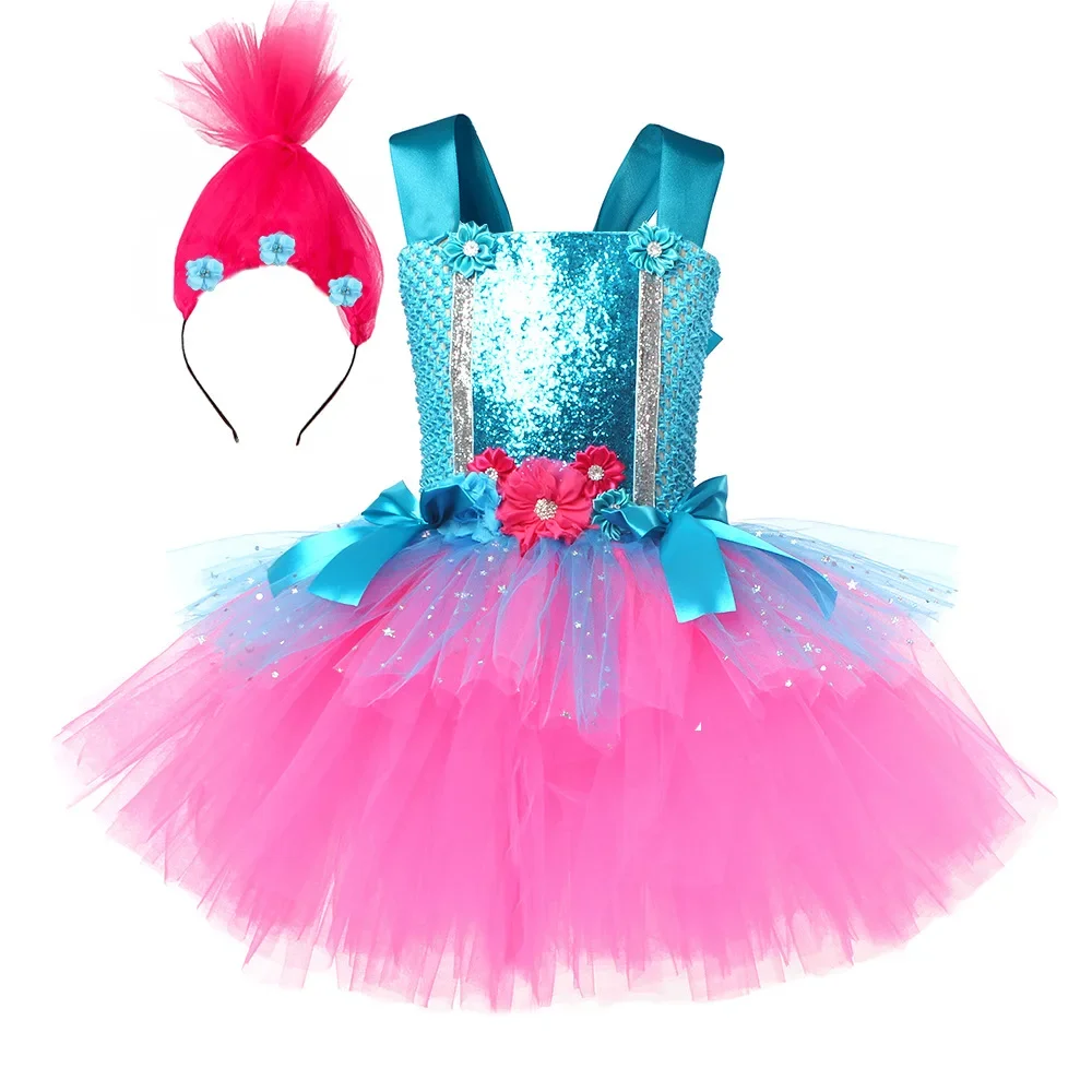 Cosplay Trolls Princess Poppy Kids Dress Con Fascia Costume Di Halloween Per Ragazze Abiti Da Festa Anime Cartoon