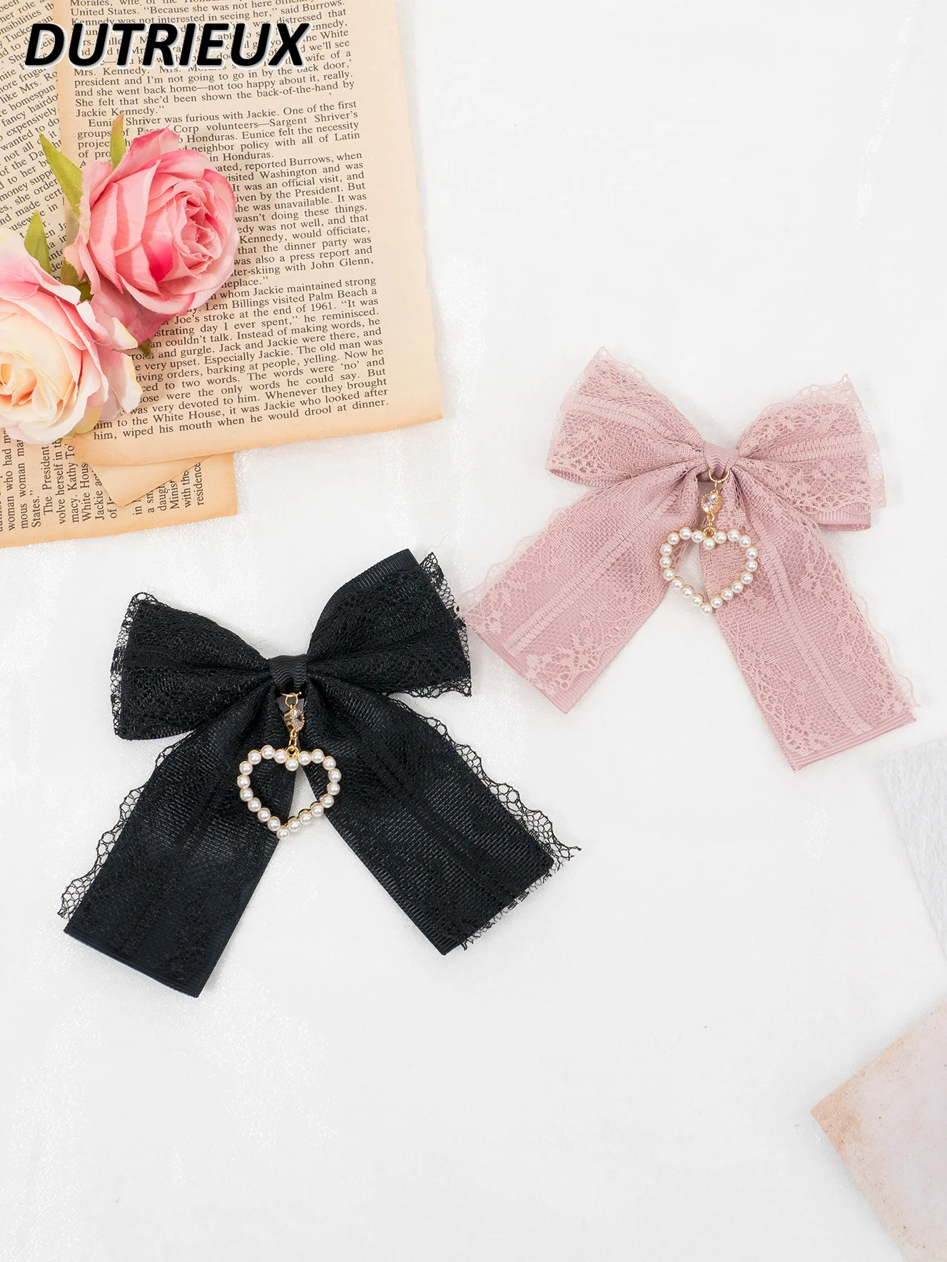 

Handmade Lace Love Pendant Black Pink Bow Barrettes A Pair Hairclips Cute Sweet Mine Tie Lolita Hair Clips for Girls Accessories