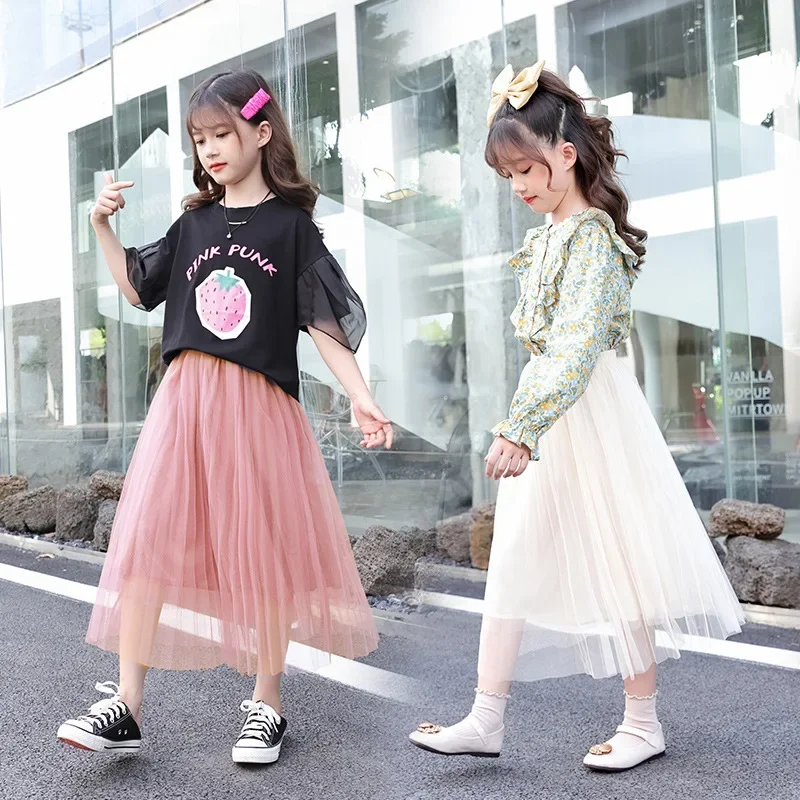 Girls Pleated Skirt Four Seasons Fashion A-line Long Mesh