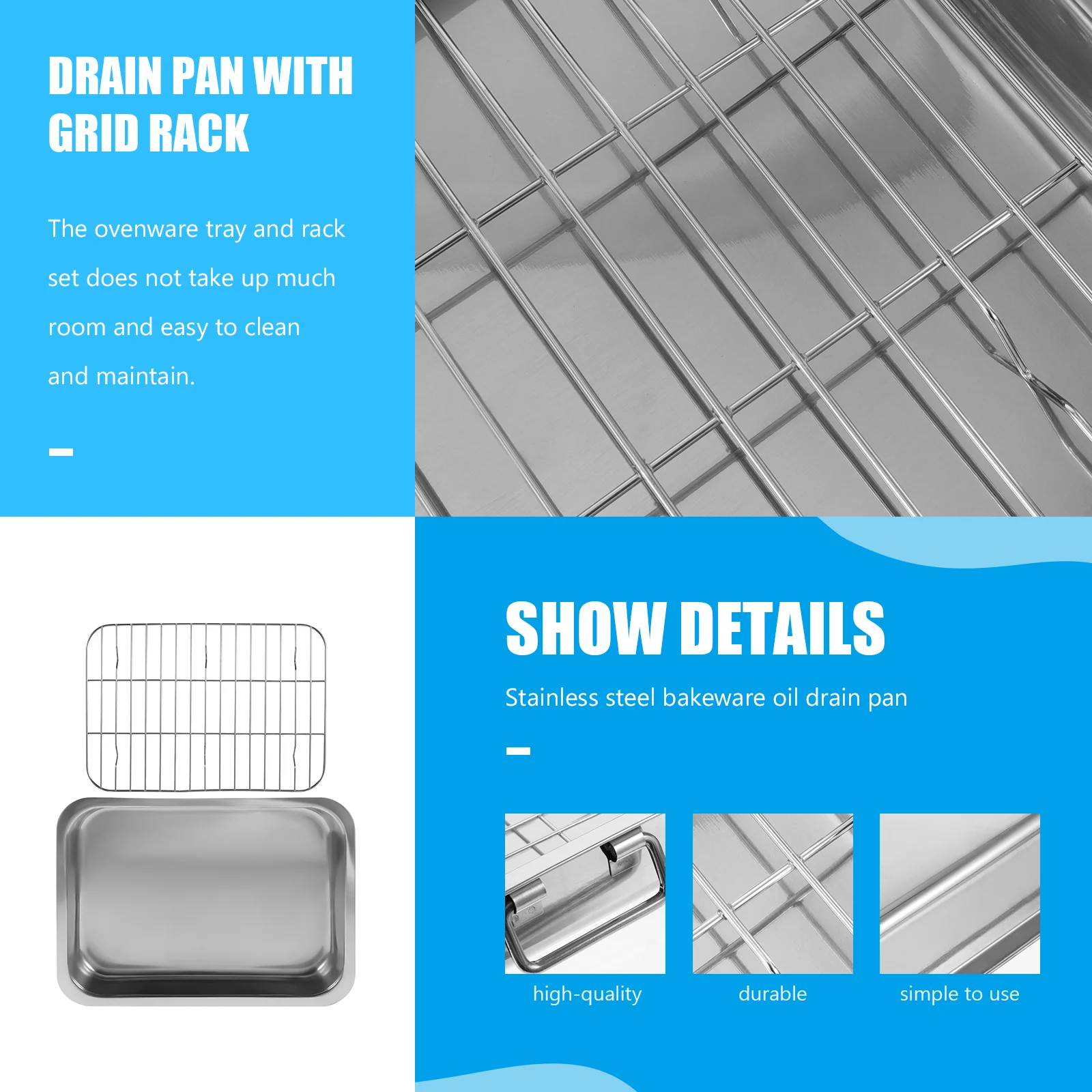 

Stainless Steel Bakeware Kitchen Baking Pan Cake Roasting Tray with Rack for Oven