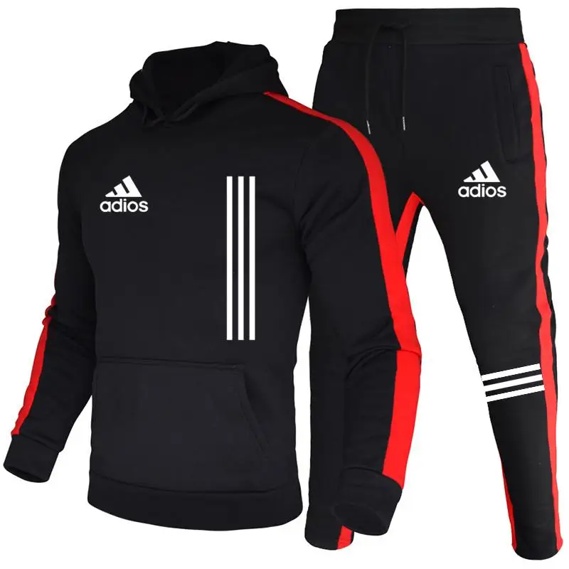 2021 2 Pieces Sets Tracksuit Men New Brand Autumn Winter Hooded Sweatshirt +Drawstring Pants Male Stripe Patchwork Hoodies S-3XL |