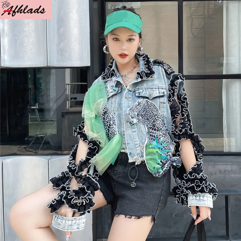 

Mesh Patchwork Hole Long Sleeve Sequins Ruffles Denim Jacket Loose Single-Breasted Turn-Down Collar High Quality Outerwear