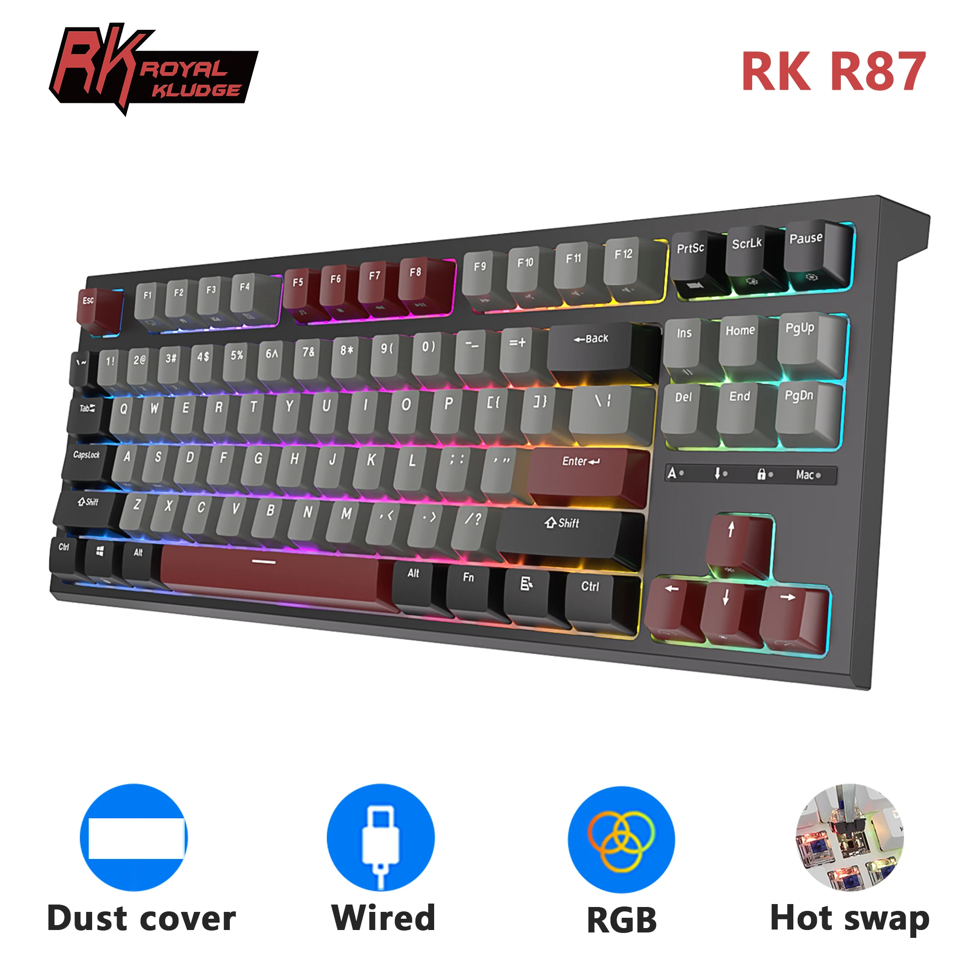 RK ROYAL KLUDGE R87 Wired Mechanical Keyboard 87 Key RGB Backlit Hot-swappable Gamer Keyboard Customised Keycaps with Dust Cover