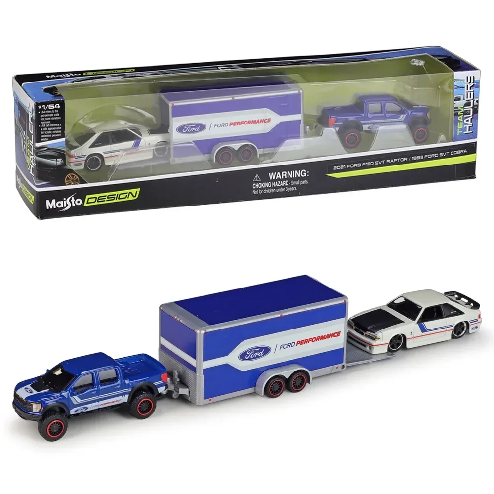 Maisto 1:64 2021 Ford F-150 Raptor/1993 Ford Svt Cobra Trailer Transport Trailer Set Lega Diecast Car Model Toy Gift