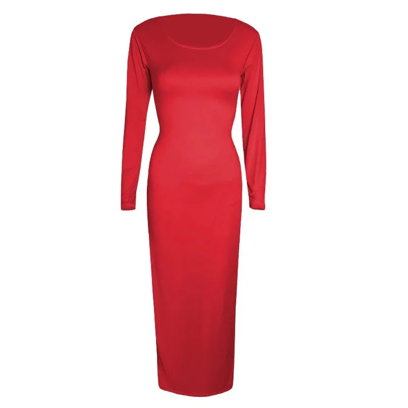B106 round neck long sleeve super long dress red