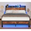 Bed Frame with Charging Station and LED Lights,Industrial Platform Beds Queen Size with Storage Headboard, Bed Frames 1