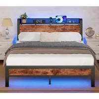 Bed Frame with Charging Station and LED Lights,Industrial Platform Beds Queen Size with Storage Headboard, Bed Frames 1