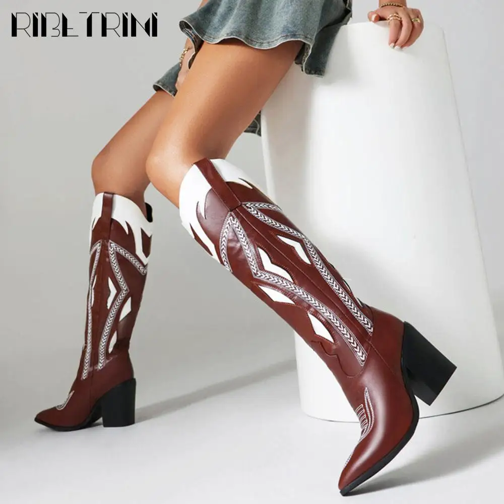 

Retro Vintage Platform Women Western Boots Knee High Chunky Block High Heel Slip On Mid Calf Shoes Embroidery Brown Luxury Boots