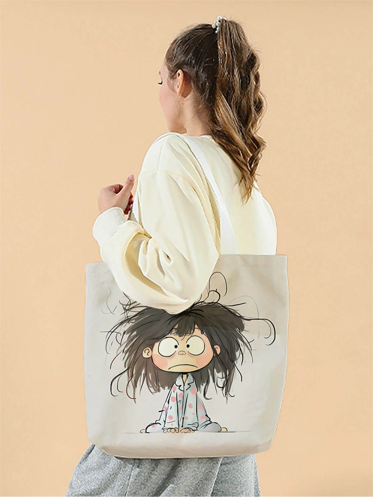1pc,, cartoon character handbag, reusable fashionable handbag, multifunctional handbag, printed canvas shopping bag