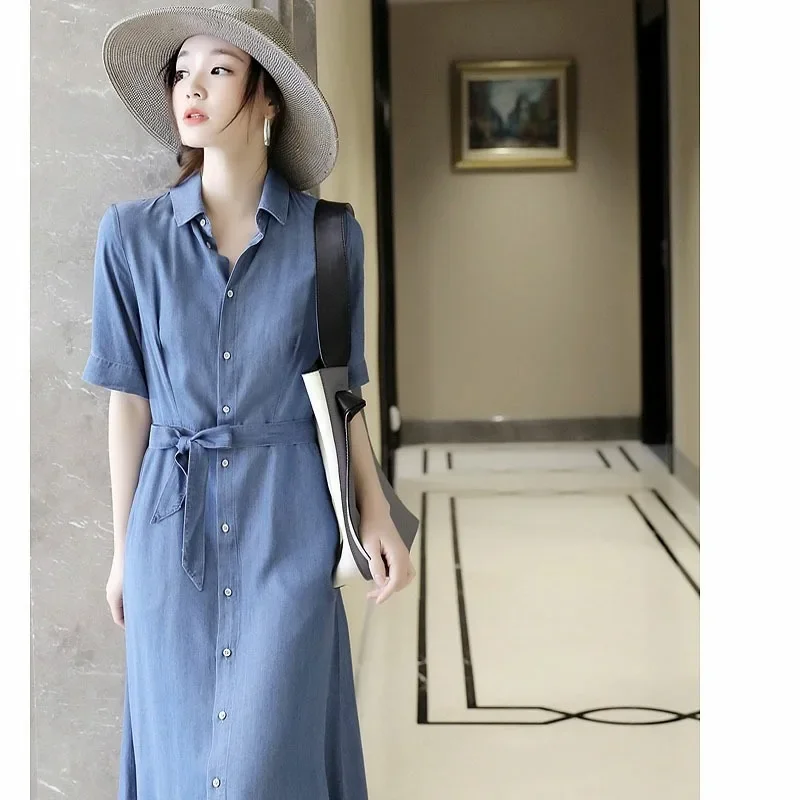 

LKSK Minimalist Style Thin Denim Dress with Waist Tie Blue Mid-length Shirt Skirt Spring Clothing Worn by Small Height