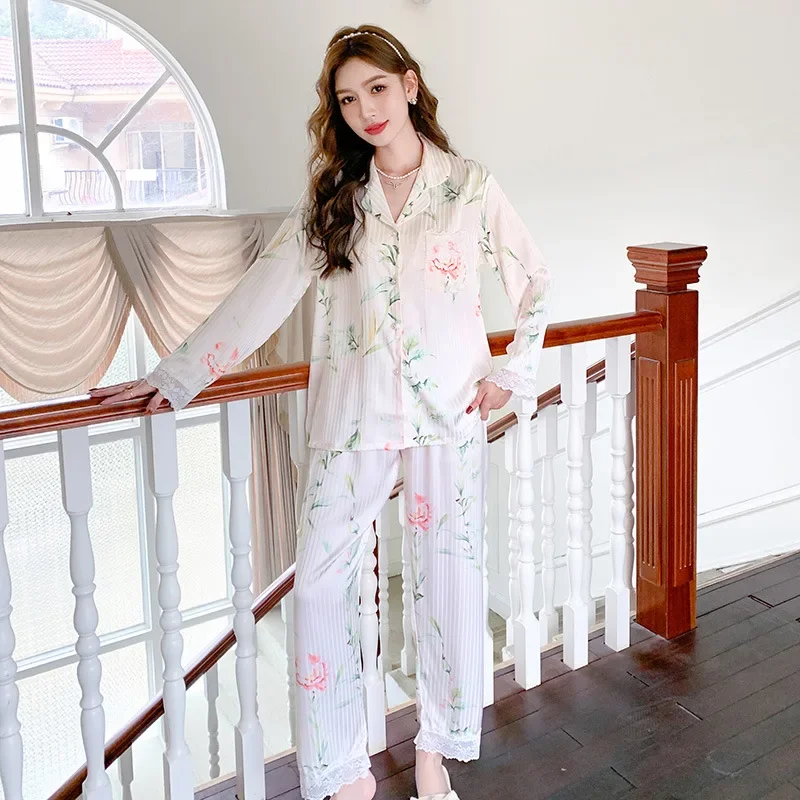 

Spring Print Pajamas Set Femme Satin Home Clothes Lace Sleepwear Pyjamas Homewear Women Button-down Nightsuits Loungewear